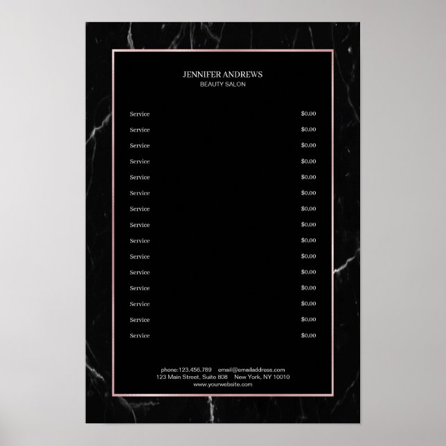 Elegant Black Marble Rosegold Pricelist Poster (Framsidan)