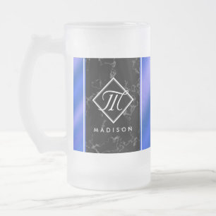 Elegant Black Marble & Royal Blue Foil Monogram Frostat Ölglas