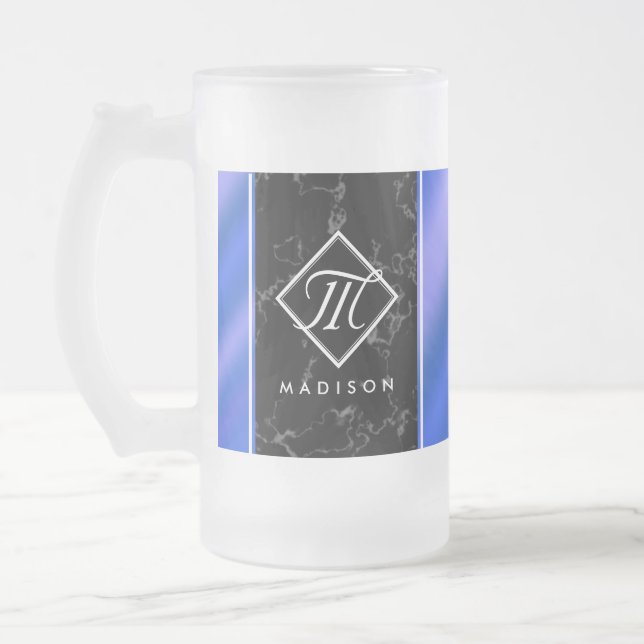 Elegant Black Marble & Royal Blue Foil Monogram Frostat Ölglas (Vänster)