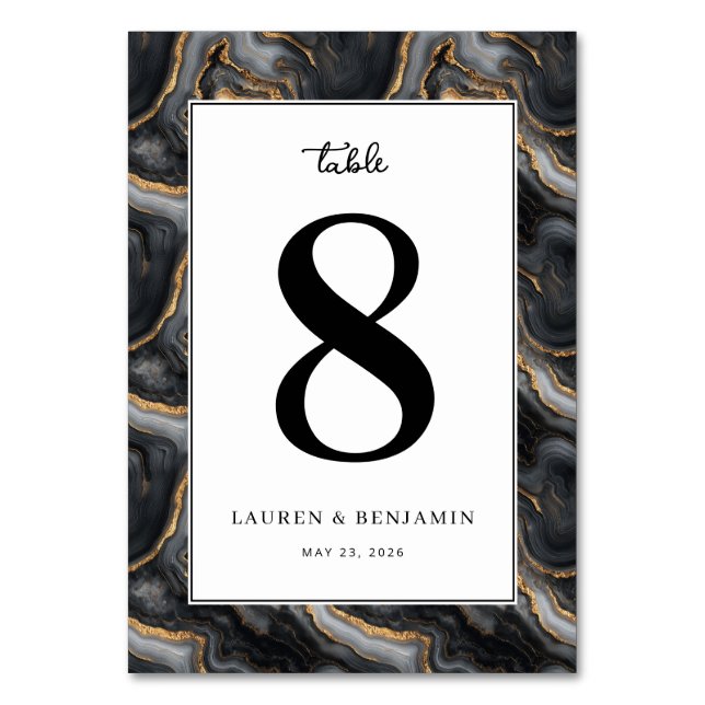 Elegant Black Marbled Number Eight Bordsnummer (Framsidan)