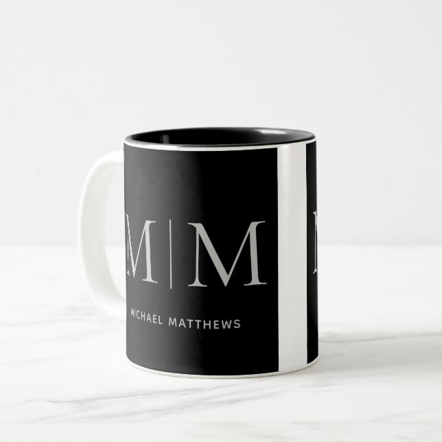 Elegant Black Masculine Personlig Monogram Namn Två-Tonad Mugg (Framsida vänster)