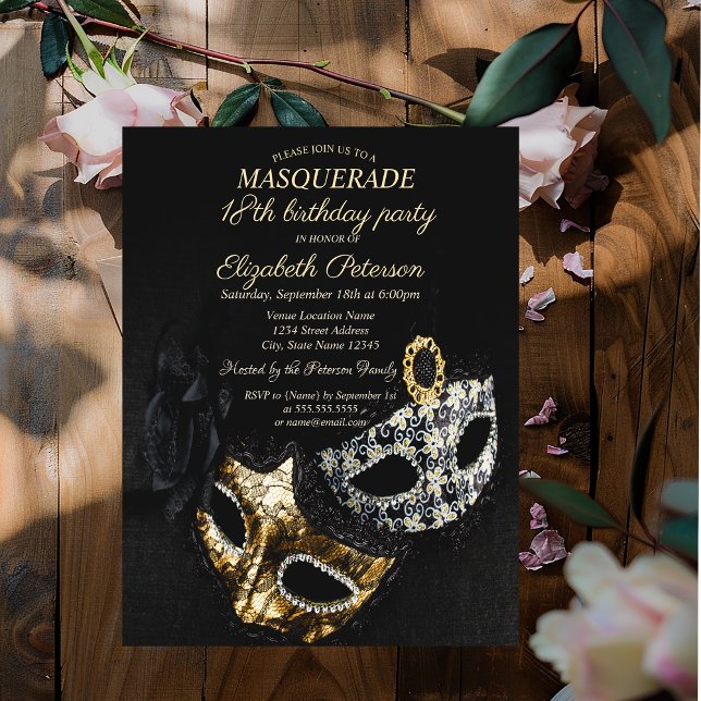 Elegant Black Masqueraad, Masque 18:e födelsedagen Inbjudningar (Skapare uppladdad)