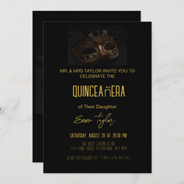 Elegant Black Masquerad Quinceañera 15 födelsedaga Inbjudningar (Fram/baksida)