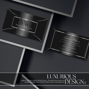 Elegant Black med Silver Dekoration och Monogram Visitkort