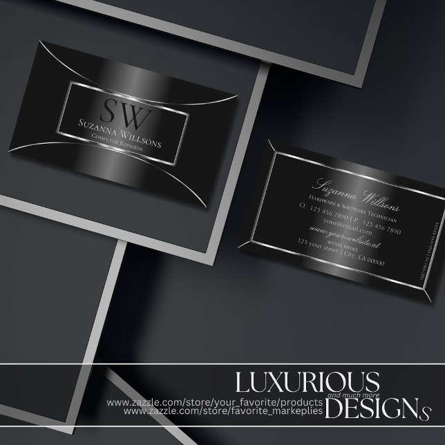 Elegant Black med Silver Dekoration och Monogram Visitkort (Skapare uppladdad)