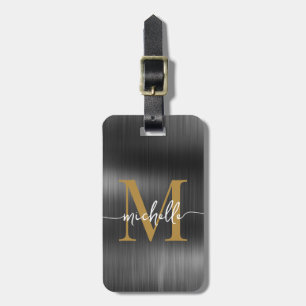 Elegant Black Metall Guld Monogram Initialt skript Bagagebricka