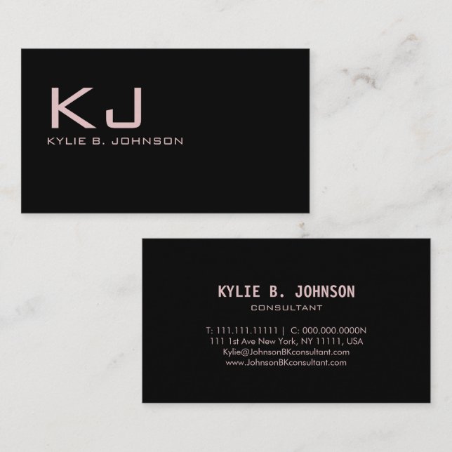 Elegant Black Minimalist Monogram-Personlig Visitkort (Fram/baksida)
