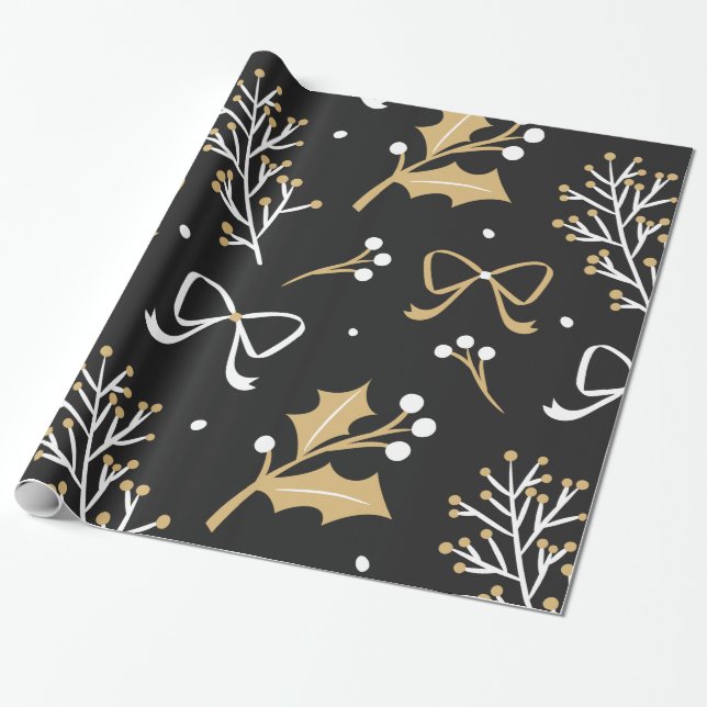 Elegant Black Mistletoe och Ribbon jul Mönster Presentpapper (Utrullad)