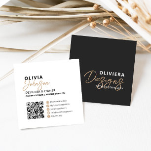Elegant Black Modern Calligraphy Script QR-kod Fyrkantigt Visitkort