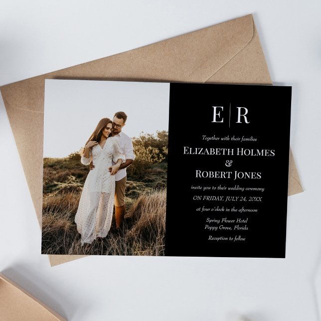 Elegant Black Monogram Anpassningsbar Photo Bröllo Inbjudningar (Elegant Black Monogram Custom Photo Wedding Invitation on boho table)