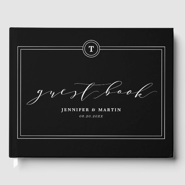 Elegant Black Monogram Calligraphy Bröllop Gästböcker (Framsida)