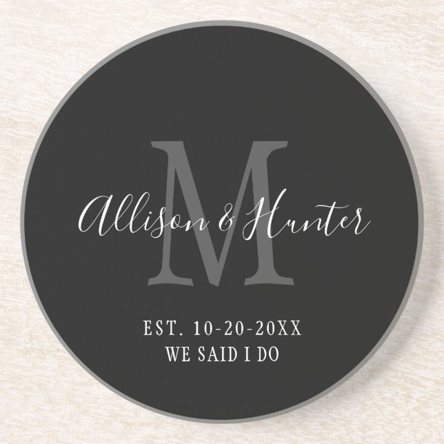 Elegant Black Monogram Etablerad Newlyweds Underlägg (Framsidan)