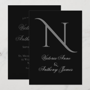 Elegant Black Monogram Initial Bröllop Inbjudningar