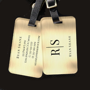 Elegant Black Monogram & Namn, Brushed Guld Bagagebricka