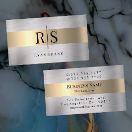 Elegant Black Monogram & Namn, Brushed Silver&Guld Visitkort