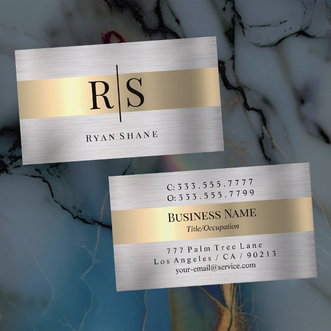 Elegant Black Monogram & Namn, Brushed Silver&Guld Visitkort (Skapare uppladdad)