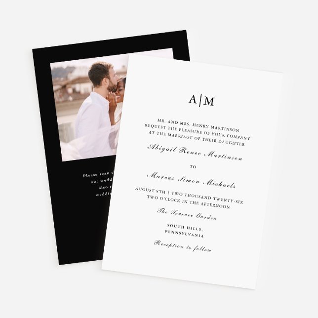 Elegant Black Monogram QR Osa Photo Bröllop Inbjudningar (Skapare uppladdad)