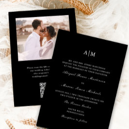 Elegant Black Monogram QR Osa Photo Bröllop Inbjudningar