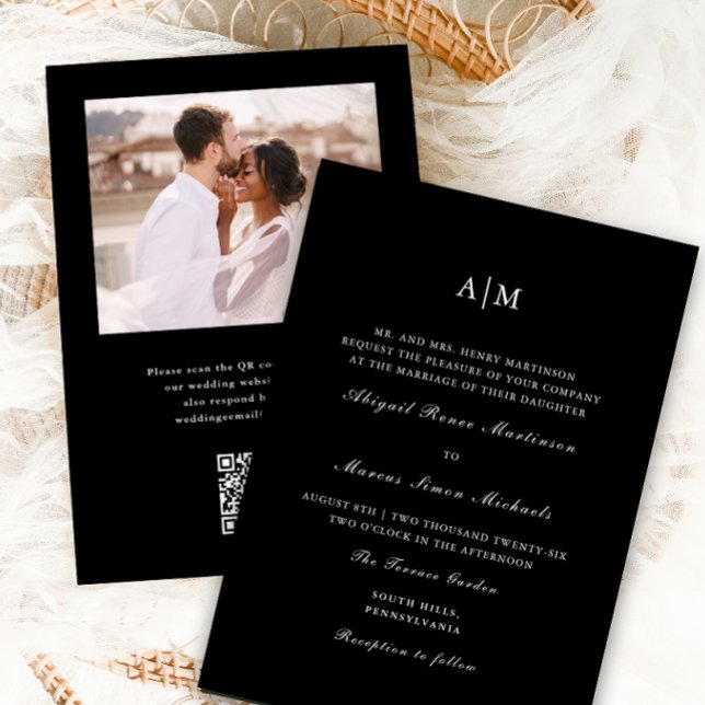 Elegant Black Monogram QR Osa Photo Bröllop Inbjudningar (Skapare uppladdad)
