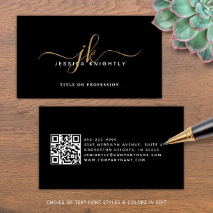 Elegant Black Monogram Script Initialer QR-kod Visitkort