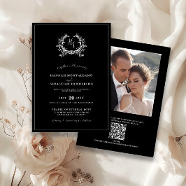 Elegant Black Monogram Vapensköld QR-kod Bröllop Inbjudningar