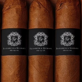 Elegant Black Monogram Wedding Crest Cigar Band Returadress Etikett