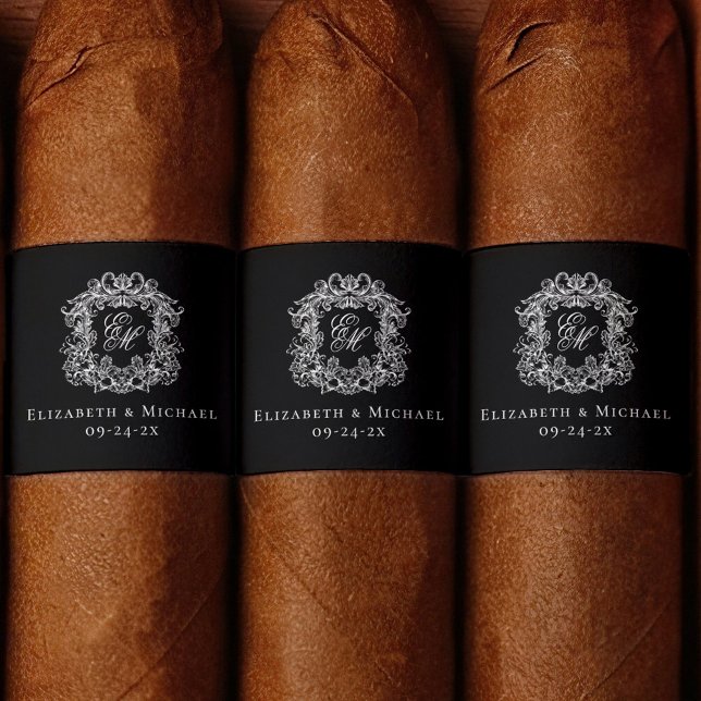 Elegant Black Monogram Wedding Crest Cigar Band  Returadress Etikett (Skapare uppladdad)