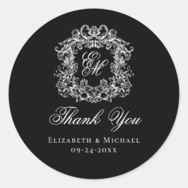 Elegant Black Monogram Wedding Crest Thank You Runt Klistermärke