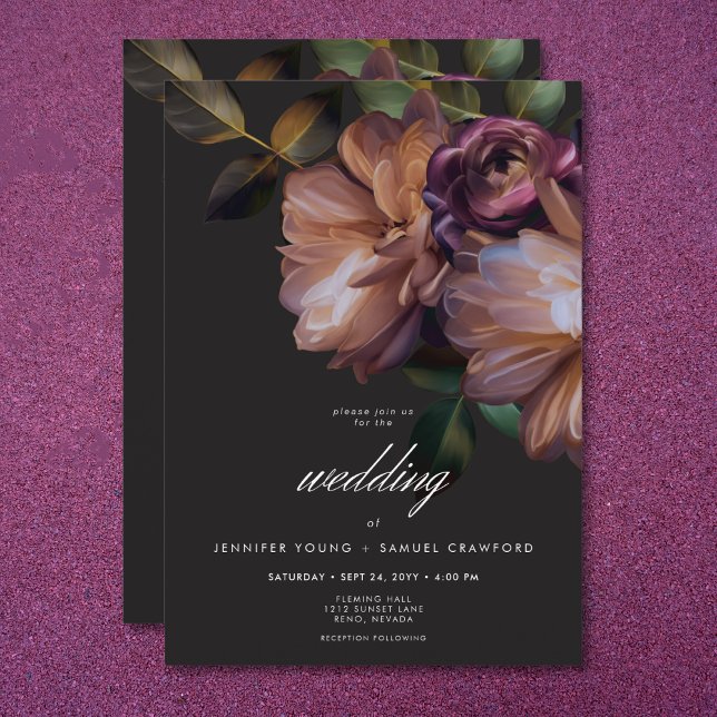 Elegant Black Moody Blommigt Bröllop Inbjudningar (Elegant Black Moody Floral Wedding Invitation)