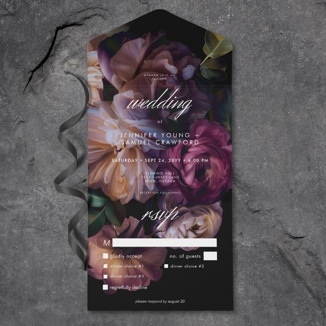 Elegant Black Moody Blommigt Bröllop Middag (Elegant Black Moody Floral Wedding Dinner All In One Invitation)