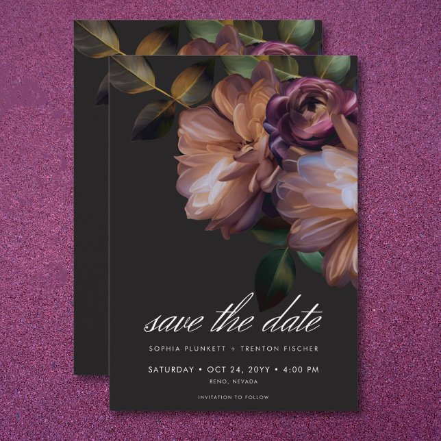 Elegant Black Moody Blommigt Bröllop Spara Datumet (Elegant Black Moody Floral Wedding Save The Date)
