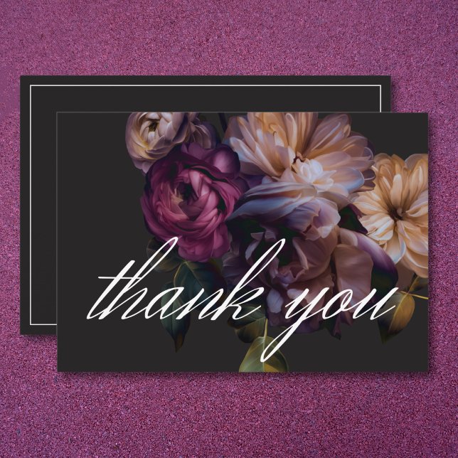 Elegant Black Moody Blommigt Bröllop Tack Kort (Elegant Black Moody Floral Wedding Thank You Card)