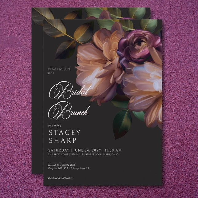 Elegant Black Moody Blommigt Möhippa Brunch Inbjudningar (Elegant Black Moody Floral Bridal Brunch Invitation)