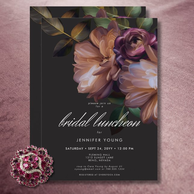 Elegant Black Moody Blommigt Möhippa Luncheon Inbjudningar (Elegant Black Moody Floral Bridal Luncheon Invitation)