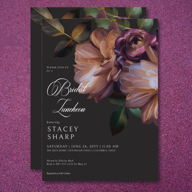 Elegant Black Moody Blommigt Möhippa Luncheon Inbjudningar (Elegant Black Moody Floral Bridal Luncheon Invitation)