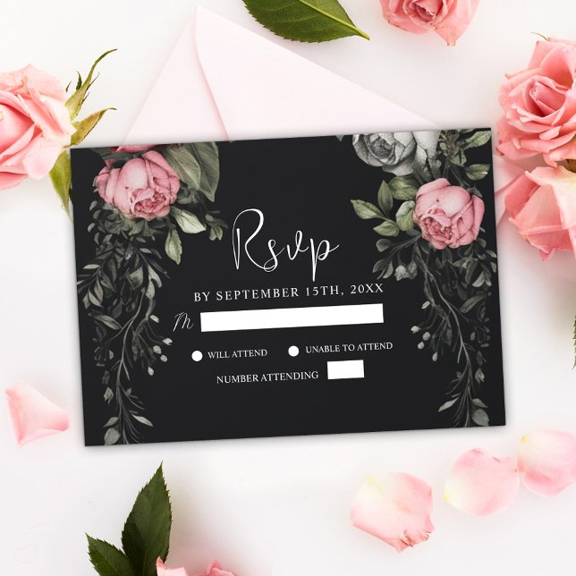 Elegant Black Moody Blommigt Mörk Gothic Bröllop OSA Kort (Elegant Black Moody Floral Dark Gothic Wedding RSVP Card)