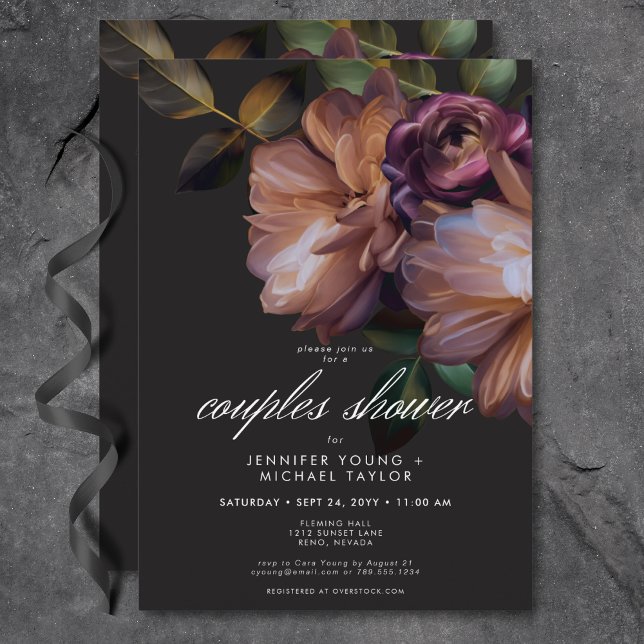 Elegant Black Moody Blommigt Par Shower Inbjudningar (Elegant Black Moody Floral Couples Shower Invitation)