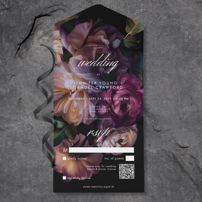Elegant Black Moody Blommigt QR-kod för Bröllop (Elegant Black Moody Floral Wedding QR Code All In One Invitation)