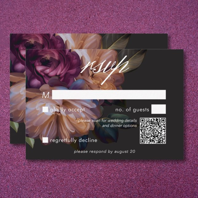 Elegant Black Moody Blommigt QR-kod för Bröllop OSA Kort (Elegant Black Moody Floral Wedding QR Code RSVP Card)