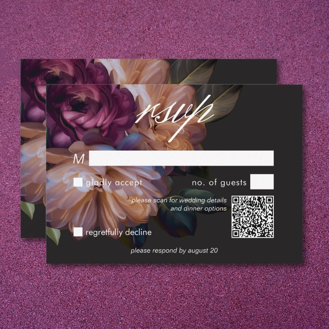Elegant Black Moody Blommigt QR-kod för Bröllop OSA Kort (Elegant Black Moody Floral Wedding QR Code RSVP Card)