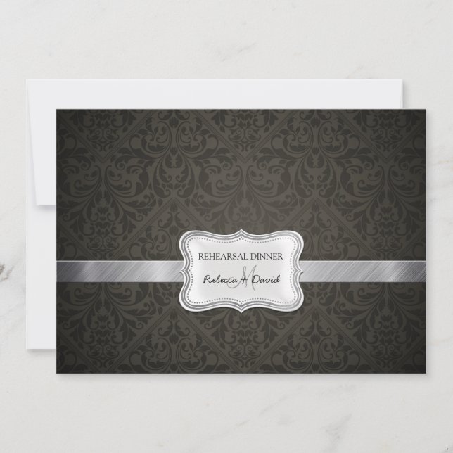 Elegant Black & Mörk Grått Damask Rehearsine Inbjudningar (Framsida)