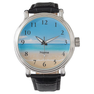 Elegant Black Numbers Aqua Beach Scene Personized Armbandsur