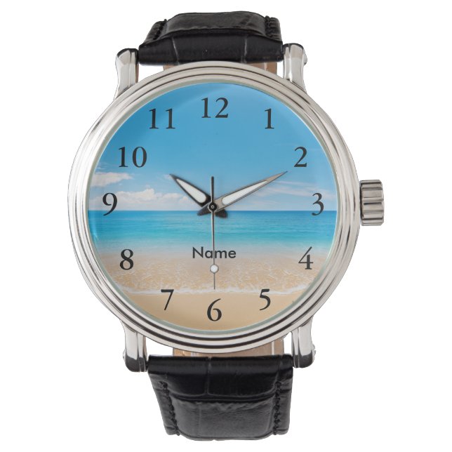 Elegant Black Numbers Aqua Beach Scene Personized Armbandsur (Framsida)