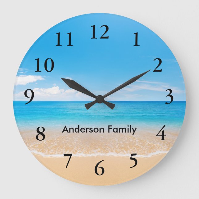 Elegant Black Numbers Aqua Beach Scene Personized Stor Klocka (Framsida)