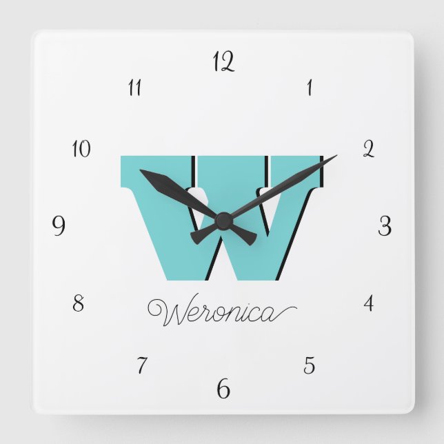 Elegant Black Numbers och Pastel Teal Monogram Fyrkantig Klocka (Framsida)