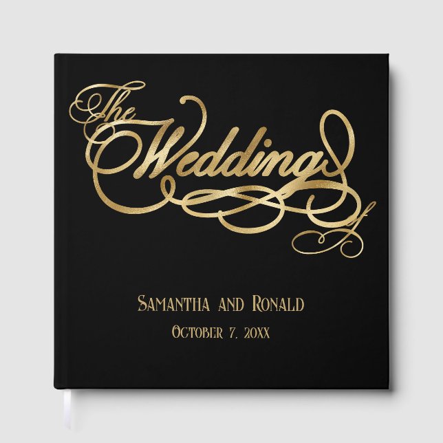 Elegant Black och Faux Guld Calligraphy Bröllop Gästböcker (Framsida)