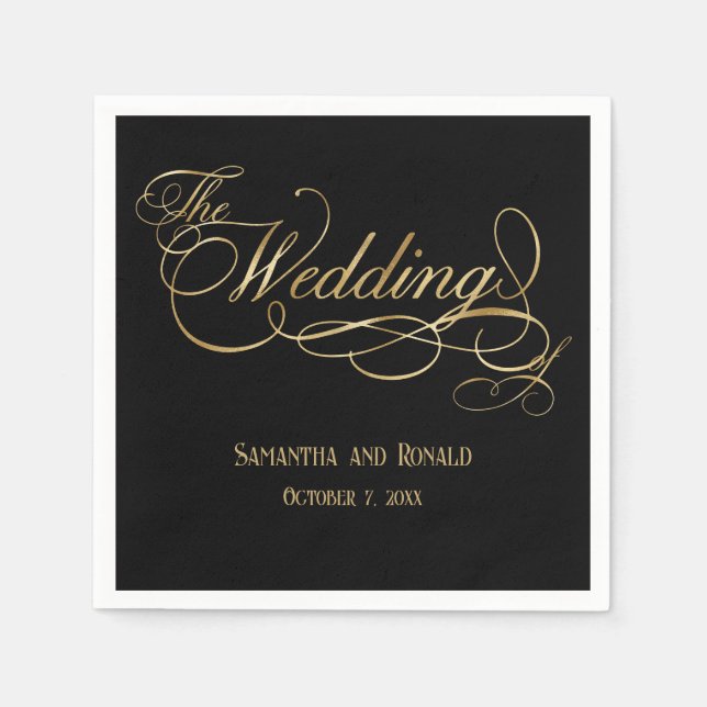 Elegant Black och Faux Guld Calligraphy Bröllop Pappersservett (Framsidan)