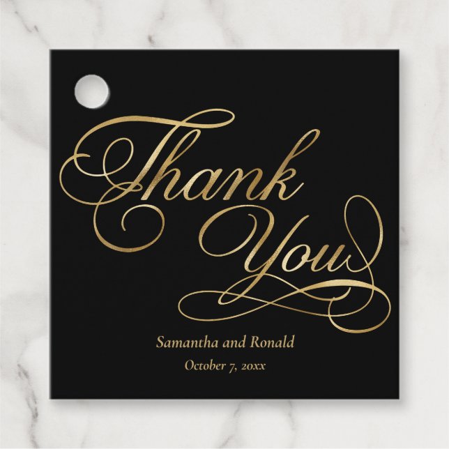 Elegant Black och Faux Guld Calligraphy Tack Gåvor Etiketter (Framsida)