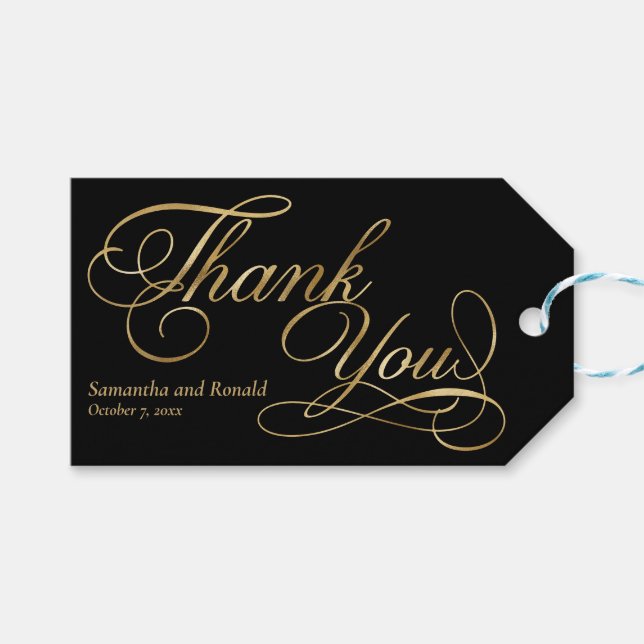 Elegant Black och Faux Guld Calligraphy Tack Presentetikett (Framsidan (Horisontell))