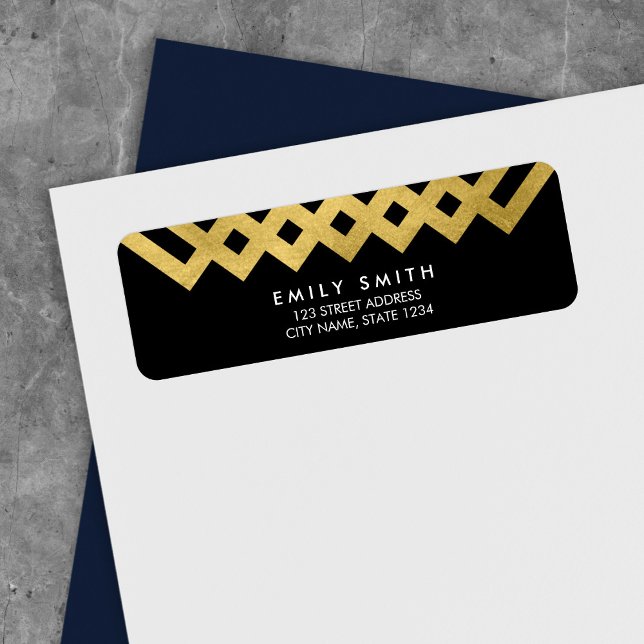 Elegant Black och Faux Guld Geometric Adress Returadress Etikett (Skapare uppladdad)